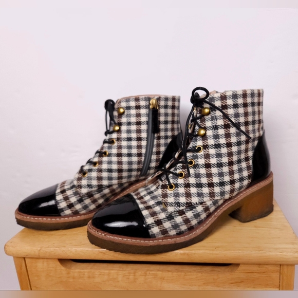 J. Crew Shoes - $298 J CREW Ankle Boot Bootie 6.5 Leather Tweed Plaid Side Zip Black Ivory Brown